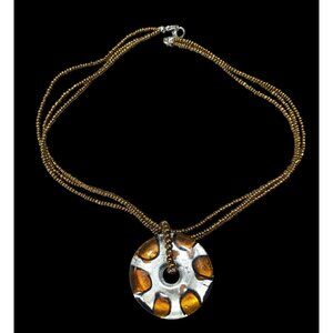 Metallic Glass Donut Pendant Necklace Silver And Gold Tone With Gold Glass Seed